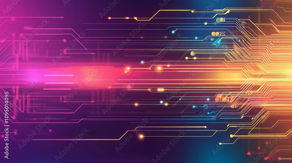 Poster a vibrant abstract design featuring colorful lines and circuits, evoking a sense of technology and d