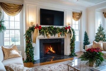 Festive Fireplace Decor with Garland and Christmas Trees