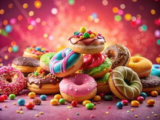 Obraz premium Indulgent Display of Colorful Assorted Doughnuts, Candies, and Cookies on a Pink Background for National Junk Food Day Celebration with Bokeh Effect