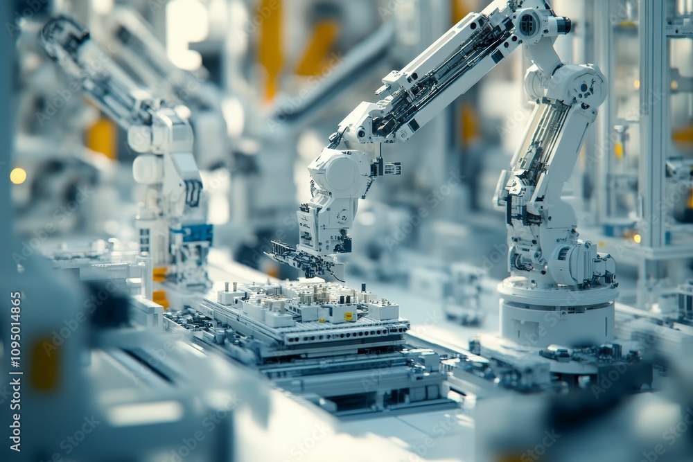 Poster factory robots assemble circuit boards.