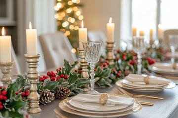 Elegant Holiday Table Setting with Candles and Greenery