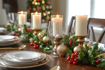 Holiday Table Setting with Candles and Garland