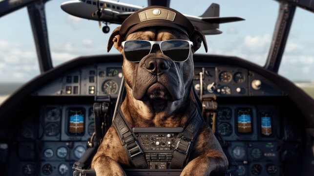 Cane Corso dog dressed as airplane pilot with sunglasses, sitting in cockpit, exuding confidence and charm. scene captures playful and imaginative moment