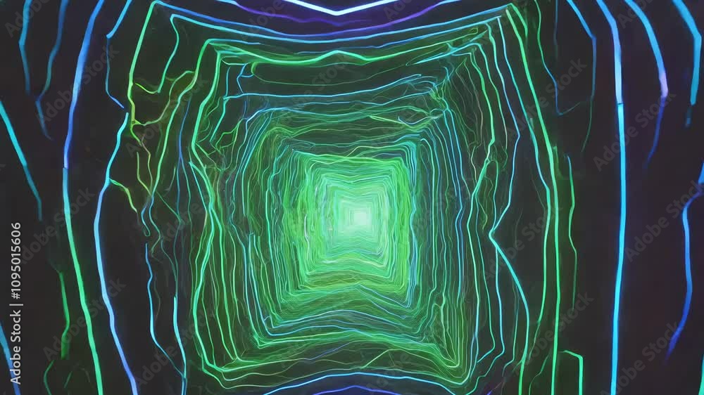 Poster camera arcs around a central point where a neon green and purple explosion occurs with pulsating lig