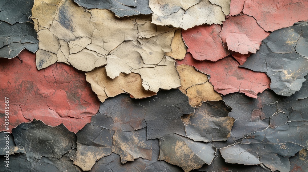 Poster detailed close-up of torn, layered paper with rough and uneven texture in distinctive colors highlig