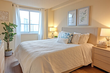 Cozy bedroom with fresh linens in a newly rented apartment