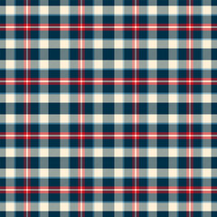 Plaid with twill weave repeat pattern.Checkered tartan gingham seamless pattern in blue red beige.Geometric graphic vector illustration background design for fabric and prints.