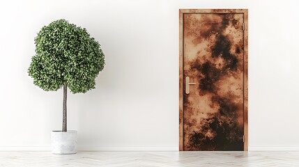 Obraz premium A wooden door with a potted plant placed beside it, adding a touch of greenery. 