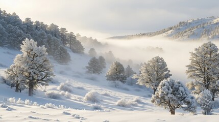 Scenic Winter Landscape of Snow-Covered Hills and Lush Trees Under Soft Light with Mist Rising in the Early Morning Calmness of Nature