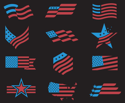 collection of USA star flag labels isolated on black background
