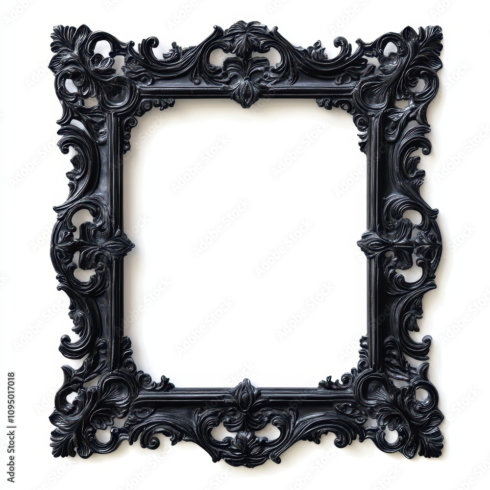 Poster an ornate black picture frame with intricate designs and empty space for artwork.