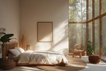 Modern bedroom interior with minimalist furniture and boho accent elements, large windows, soft lighting.