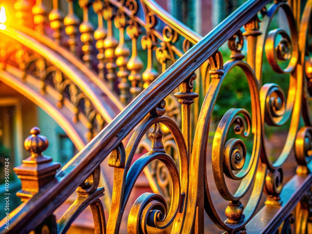Poster intricate macro photography of curved railing highlighting textures and patterns in metalwork, captu