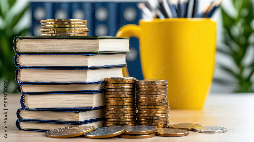 Aufkleber stack of books and coins on table with yellow mug and blurred background. this conveys sense of know