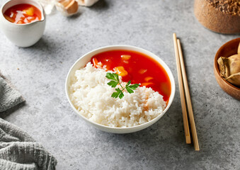 boiled basmati rice with sweet and sour sauce