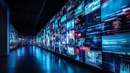 Fototapeta premium Data Stream Corridor Illuminated With Digital Information Displays