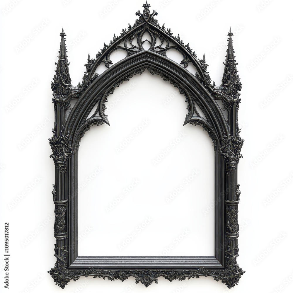 Poster a gothic-style picture frame with intricate detailing and pointed arches, empty for artwork.