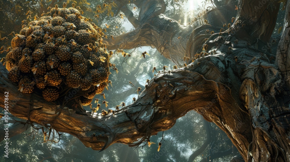 Poster a massive honeycomb cluster on a large tree trunk, teeming with bees. sunlight filters through the c