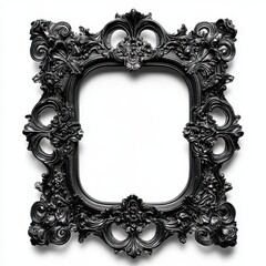 A decorative black picture frame with intricate floral designs and an empty center.