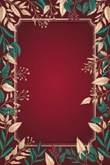 Festive floral frame. Elegant burgundy backdrop with gold and green botanical border. Ideal for invitations or announcements, conveying sophistication and celebration.