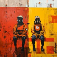 Fototapeta premium Two masked figures sit, red and yellow backdrop.