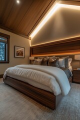 Modern luxury bedroom with plush bedding, dark wood accents, and built-in mood lighting, perfect balance of elegance and comfort.