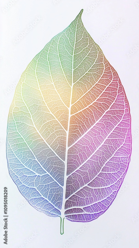 Poster vibrant rainbow-colored leaf skeleton showcasing intricate vein patterns, blending from cool blues a