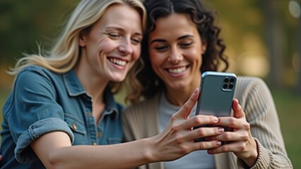 Fototapeta premium Two women enjoying a moment together while looking at a smartphone in a sunny outdoor setting