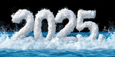 The image features the year "2025" rising from water, surrounded by splashes, symbolizing a lively and dynamic transition to the future.