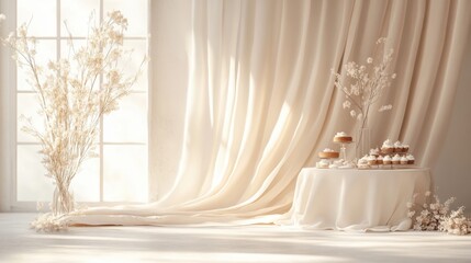 Elegant and Minimalist Dessert Table in Soft Light with Delicate Flowers and Light Drapes for Celebrations and Events