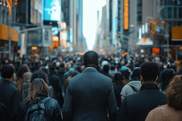 Obraz premium Anonymous Man in Gray Suit Amidst NYC Rush Hour Crowd