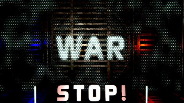 Loop 3D animation of post-apocalyptic design. In a metal bunker, a holographic monitor has an inscription warning to stop the atomic war.  Radiation sign and text: STOP THE WAR