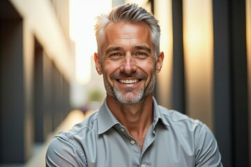 Naklejka premium Confident and Successful Mature Businessman Smiling in an Urban Environment