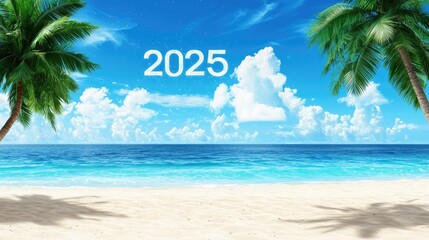 Obraz premium A serene beach scene with palm trees, clear blue sky, and ocean waves, featuring the year 