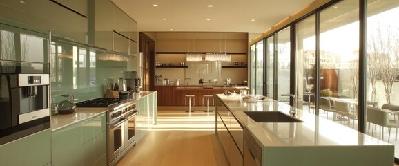 Modern Green Kitchen With Island And City View