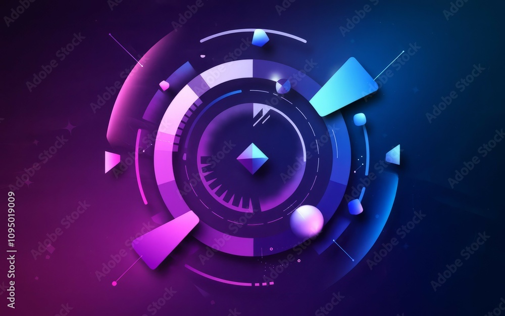 Poster abstract tech design. futuristic circular pattern evokes innovation and progress. vibrant colors sym