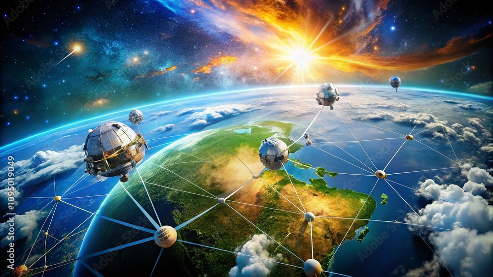 Poster isometric illustration of global internet connection via wireless satellite network technology in ma
