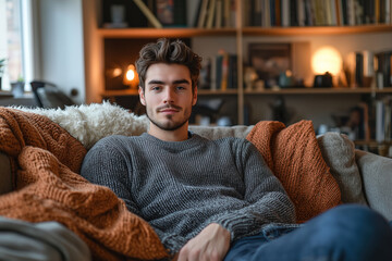 Handsome young man relaxes on cozy sofa, surrounded by warm colors and bookshelves in a comfortable home library atmosphere