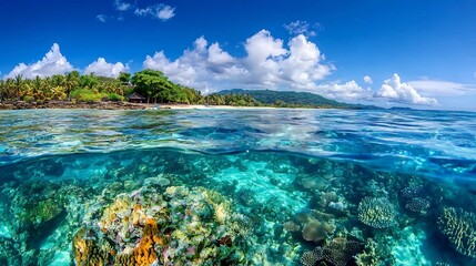 Stunning aerial view of a vibrant coral reef system seen through the crystal clear turquoise waters of a tropical ocean