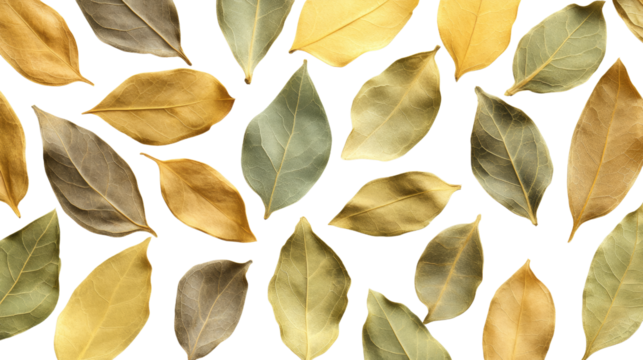 A collection of diverse dried Indian Curry leaves in various colors and shapes for decorative use.