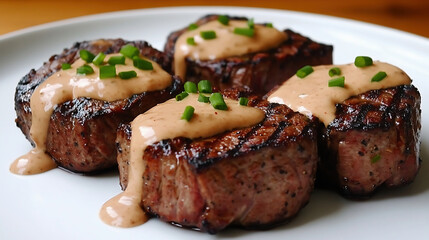 A plate of filet mignon steaks with the sauce on top, perfectly marinated and cooked medium-rare. The beige-colored sauce is creamy and light brown in color, sprinkled with fresh green chives for an e