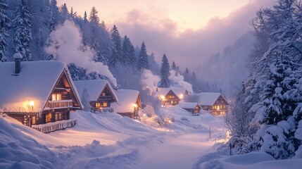 Fototapeta premium Serene Snow-Covered Village at Dusk With Warm Lights Illuminating Quaint Houses and a Tranquil Atmosphere in a Winter Wonderland