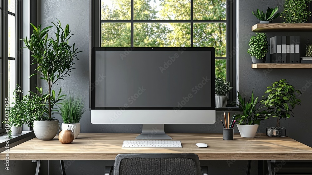 Aufkleber modern pristine workspace with single computer and monitors surrounded by lush green plants and natu