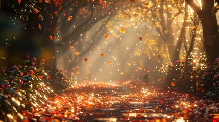 Naklejka premium Golden autumnal pathway in a magical forest filled with falling leaves. Sunlight streams through the trees.