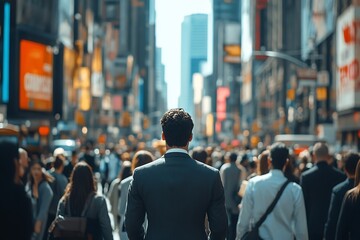 Fototapeta premium Anonymous Man in Gray Suit, NYC Rush Hour Contemplation