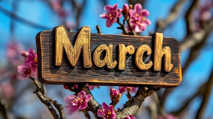 Hello, March Rustic Wooden Sign Announces March Arrival on Blooming Spring Tree Branch