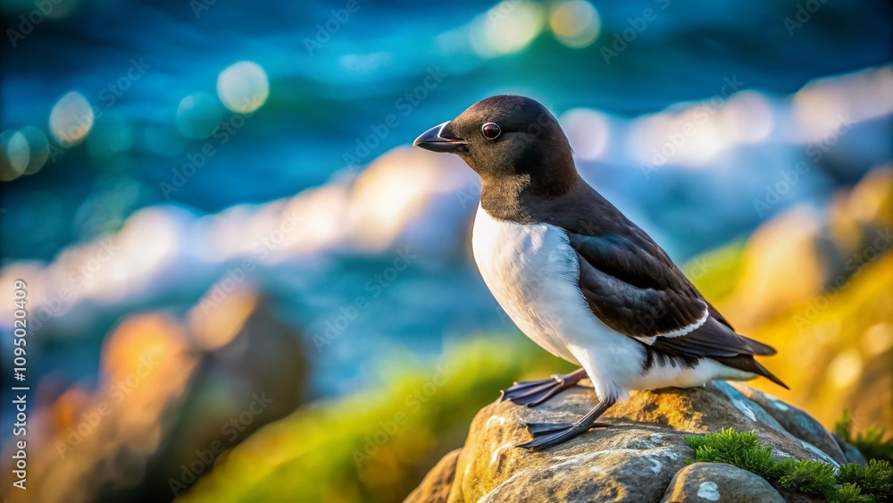 Poster little auk in its natural habitat: a stunning close-up of a charming seabird on rocky shores with a 