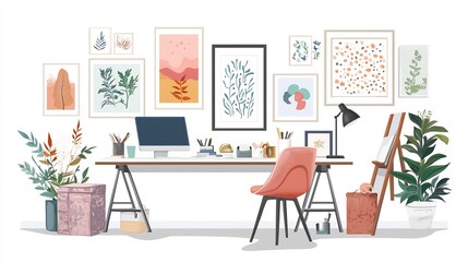 Stylish and Functional Creative Studio Decor with Furniture and Decorative Elements  Minimalist Workplace Design Concept for and Productivity