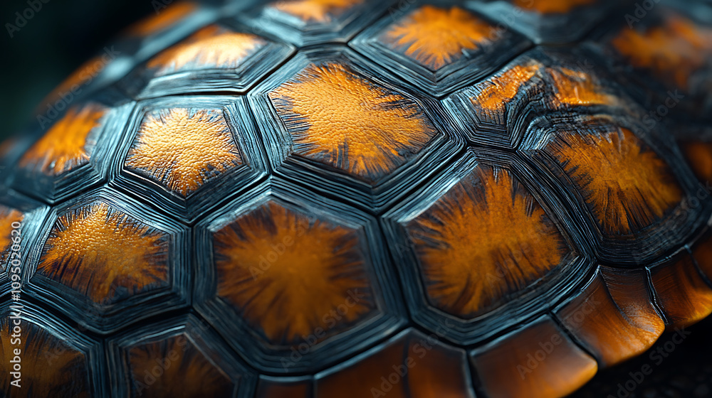 Poster close-up of a turtle shell highlighting its unique texture and vibrant colors.