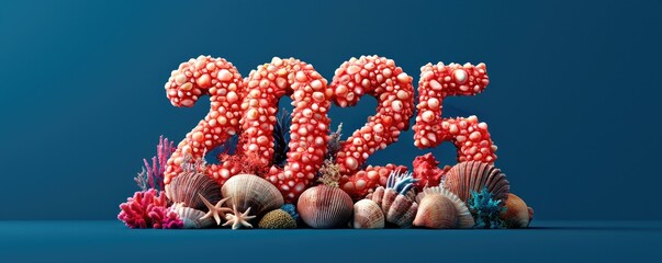 A vibrant composition featuring the numerals "2025" adorned with coral and marine elements, set against a deep blue background.